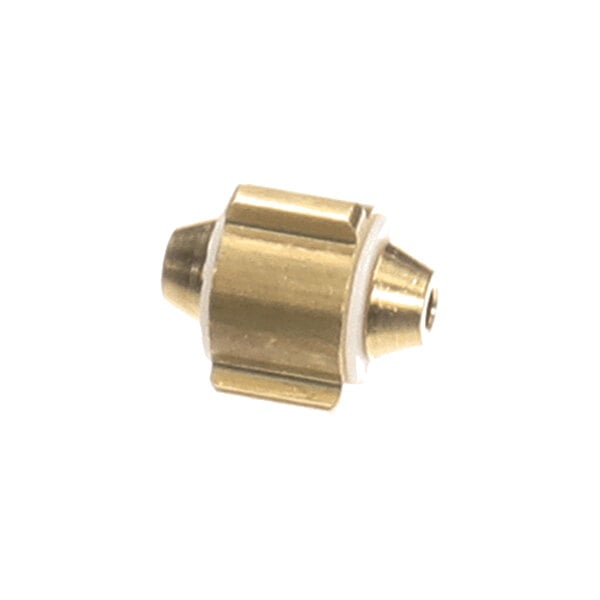 A small, cylindrical brass component with a white ring and tapered ends, photographed against a white background.