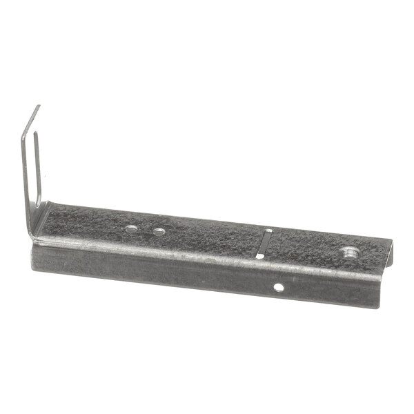 A metal bracket with a flat base, several holes, and an upright angled section on one end.