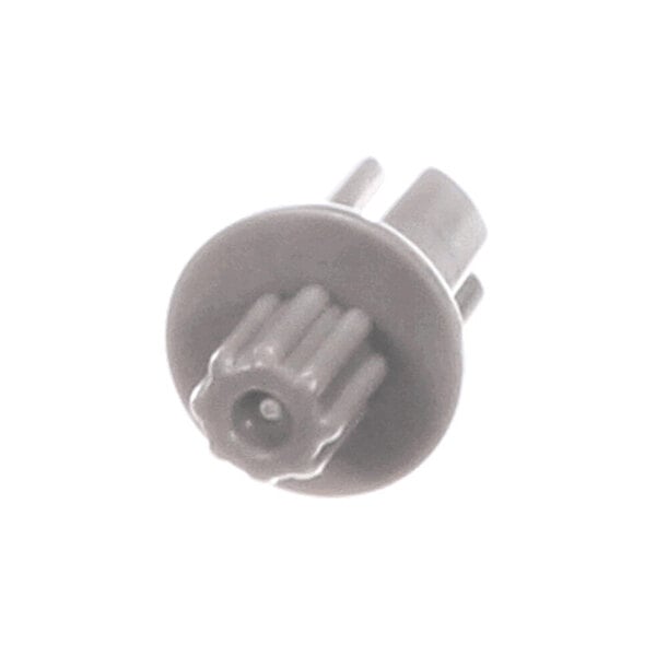 A small, gray, cylindrical plastic component with a gear-like end and a flange in the middle.