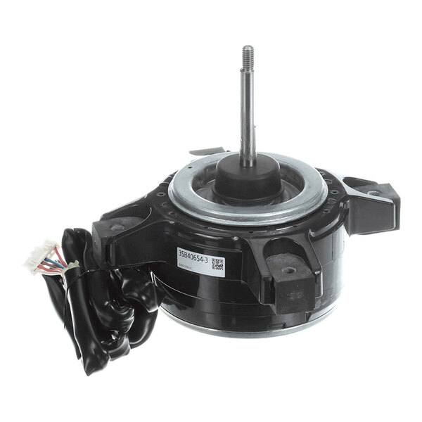 A black and silver electric motor with a central shaft, mounting brackets, and attached wiring harness.