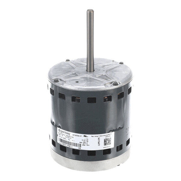 A cylindrical electric motor with a central shaft extending vertically from the top and a label with specifications on the side.