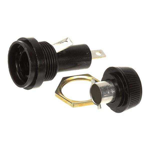 A black cylindrical fuse holder with a threaded body, metal terminals, a removable cap, and a hexagonal mounting nut.