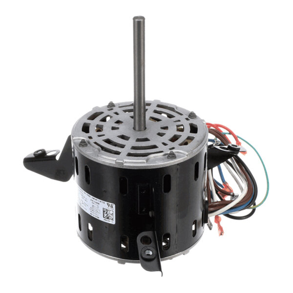 A cylindrical electric motor with a central shaft, mounting brackets, and several colored wires extending from one side.