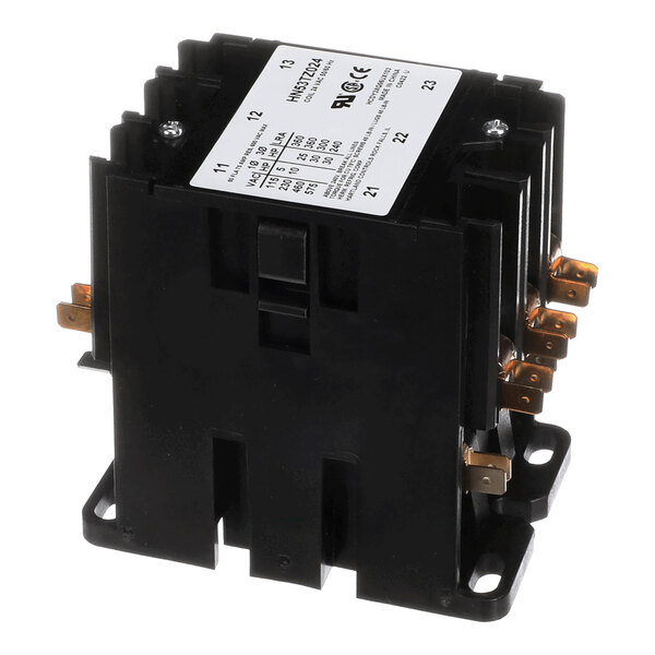 A black electrical contactor with multiple copper terminals and a white label displaying technical specifications on top.