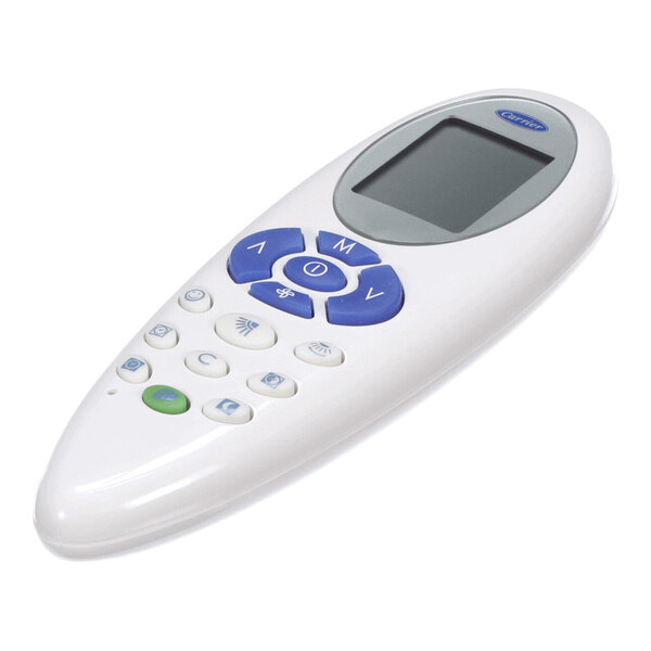 A white remote control with a display screen and several blue and white buttons.