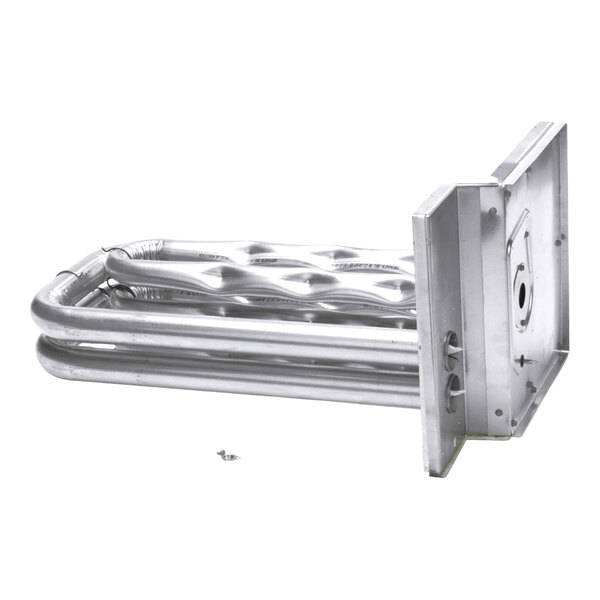 A metallic heat exchanger component with a rectangular mounting plate and several curved, tubular aluminum pipes.