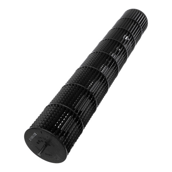 A cylindrical black fan with a grid-like structure and evenly spaced blades along its length.