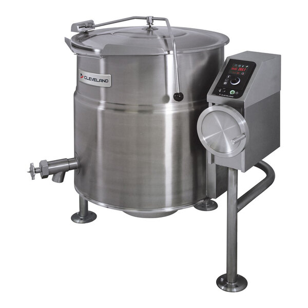 A large stainless steel tilting steam jacketed electric kettle with a control panel and spout, designed for commercial kitchen use.