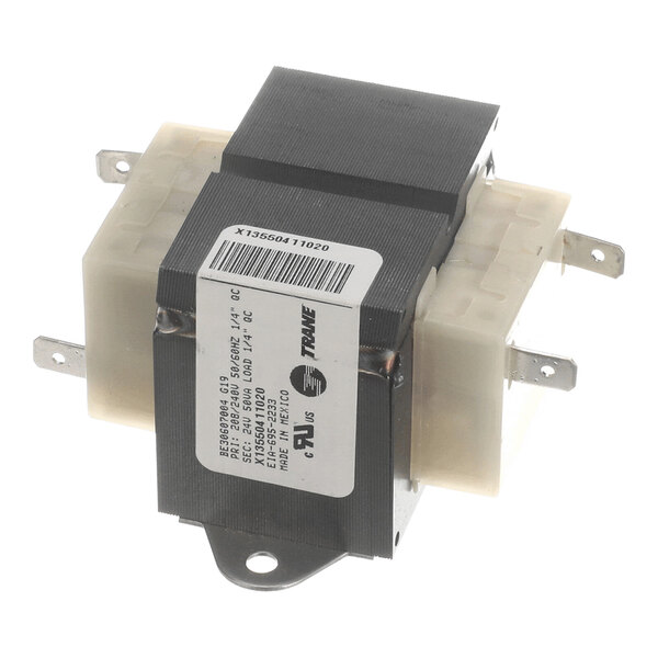 A rectangular electrical transformer with metal mounting bracket, labeled with specifications and multiple metal terminals on each side.