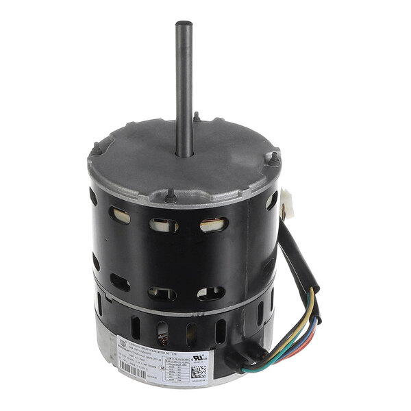 A cylindrical electric motor with a central shaft, black housing, ventilation slots, and several colored wires extending from the side.