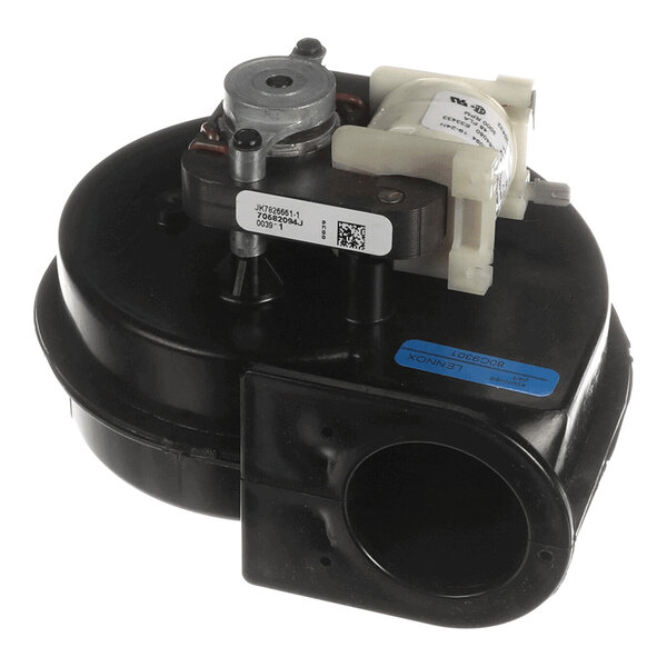 A black and metallic mechanical blower assembly with a cylindrical body, an attached motor, and a labeled sticker.