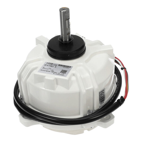 A white cylindrical electric motor with a central metal shaft, attached wires, and a label on the housing.