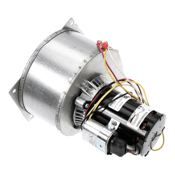A metal blower assembly with an attached electric motor and several colored wires extending from it.