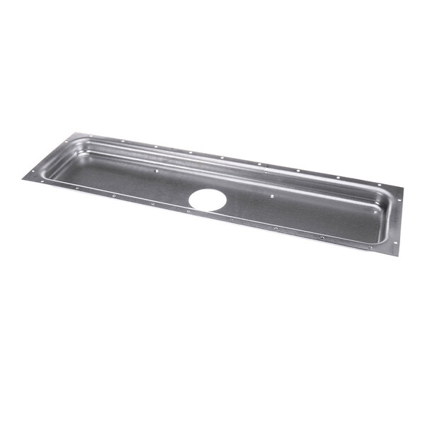 A rectangular metal tray with a central circular hole and multiple small holes along the perimeter.