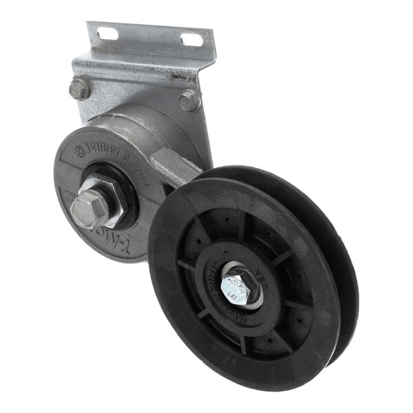 A metal and plastic pulley tensioner assembly with a mounting bracket and a grooved wheel.