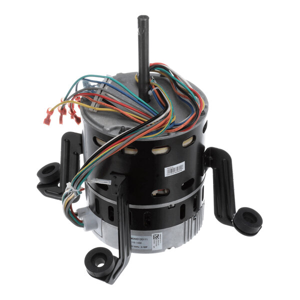 A cylindrical electric motor with multiple colored wires and mounting brackets attached.