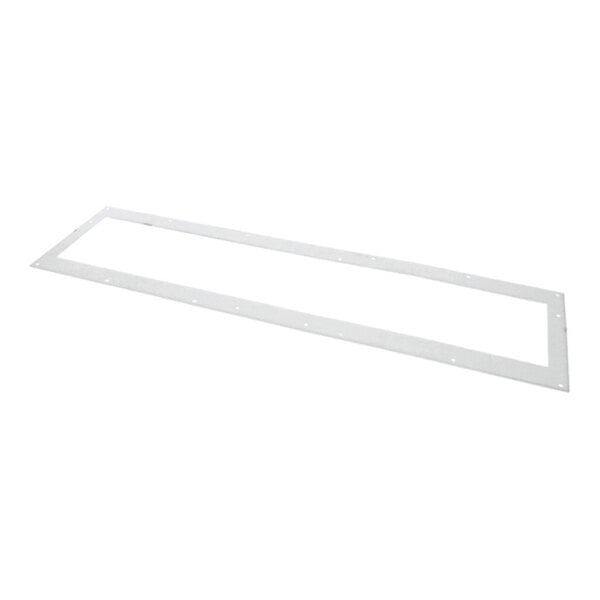 A rectangular, flat, white gasket with evenly spaced holes along its perimeter, lying on a white background.