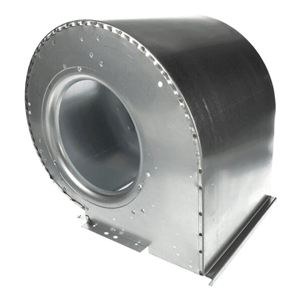A metallic, curved blower housing with a circular opening and mounting base, shown against a white background.