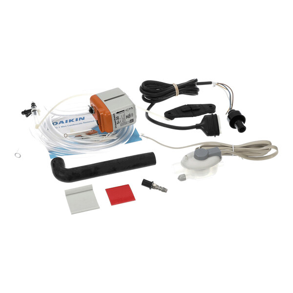 A collection of various components including a small pump, tubing, wires, connectors, and mounting accessories arranged on a white background.