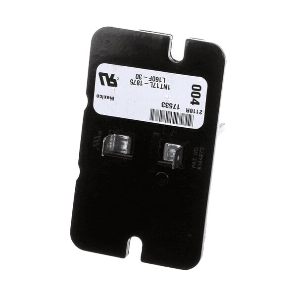 A black rectangular electronic component with two metal connectors and a white label containing text and a barcode.