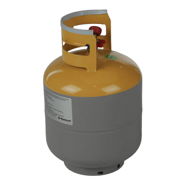 A gray and yellow metal tank with a handle and valve on top.