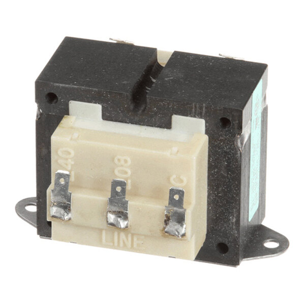 A rectangular electrical transformer with three metal terminals labeled 240, 208, and C on a beige base, mounted on a black housing with two mounting flanges.