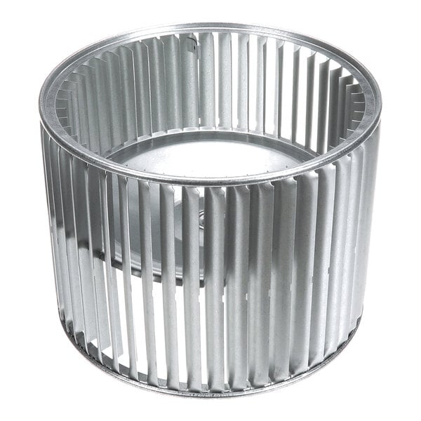 A cylindrical metal fan wheel with evenly spaced vertical blades and an open center.
