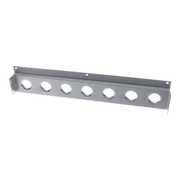 A metal bracket with a row of evenly spaced circular holes and flanged edges, likely used for structural or mounting purposes.