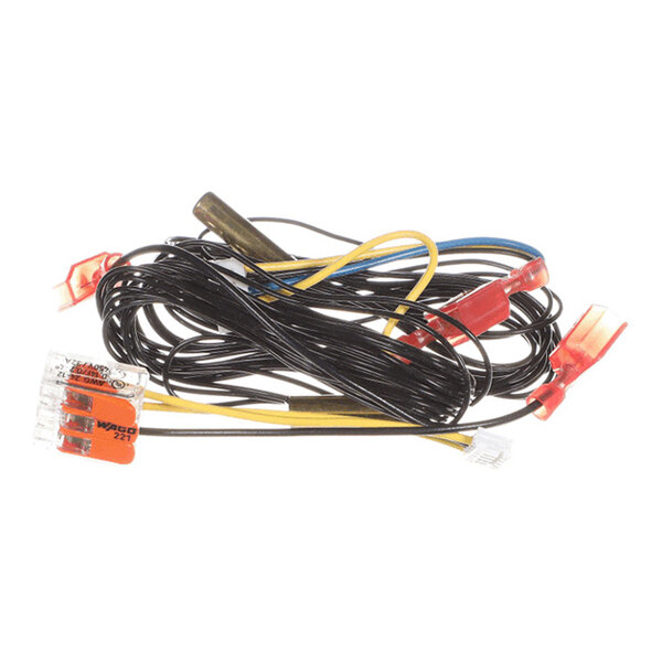 A coiled bundle of black, yellow, and blue wires with red and orange connectors and a metallic cylindrical sensor.