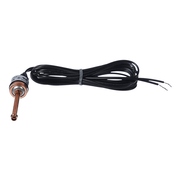 A small cylindrical metal component with a long black wire attached, ending in two exposed leads.
