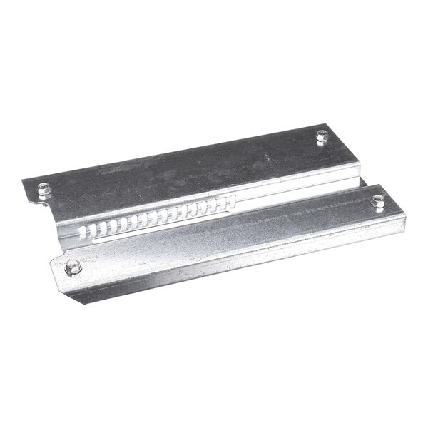A metallic bracket with a rectangular shape, featuring four bolts and a grooved section along the middle.