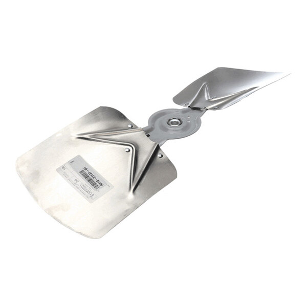 A metallic two-blade fan with a central mounting hub and angled blades, shown against a white background.