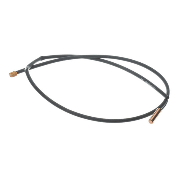 A black cable with a small copper cylindrical sensor on one end and a brown connector on the other end.