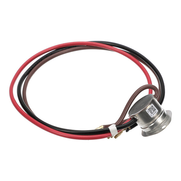 A metal cylindrical component with a mounting flange attached to red, black, and brown electrical wires.