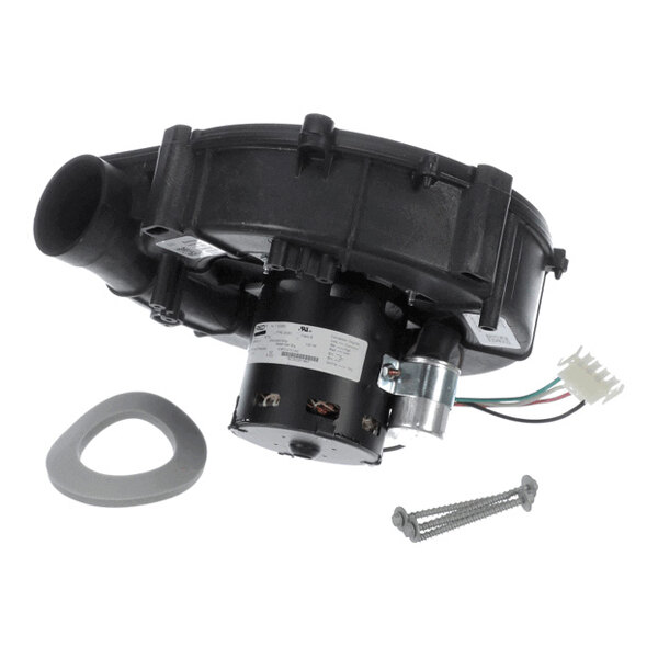 A black blower assembly with attached motor, wiring, a gray gasket, and two screws.