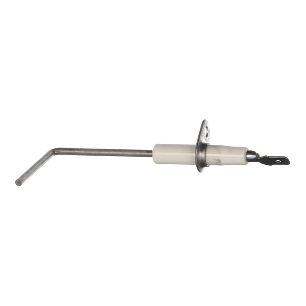 A metal rod with a bent end attached to a ceramic insulator and a mounting flange.