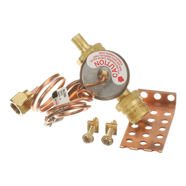 A metal valve assembly with coiled copper tubing, brass fittings, a perforated copper mounting bracket, and two screws.
