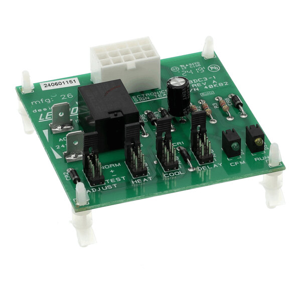 A green electronic control circuit board with various components, connectors, and labeled pins mounted on four white standoffs.