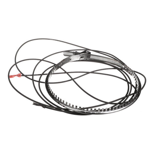 A metal band with an attached electrical wire, likely a heating element or crankcase heater.