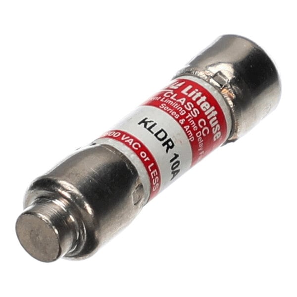 A cylindrical metal fuse with a red and white label indicating specifications such as 10A and 600V.