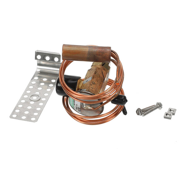 A metal valve assembly with a coiled copper tube, a perforated mounting bracket, and two screws with matching nuts.