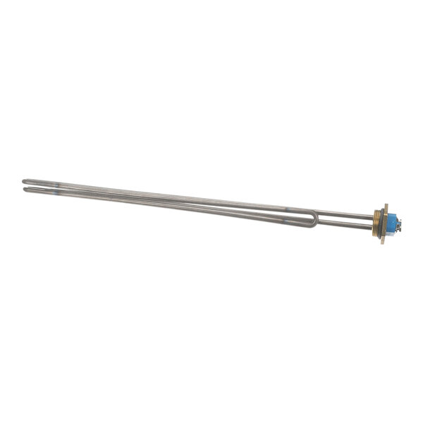A long, metallic heating element with a U-shaped design and a threaded base with electrical connectors.