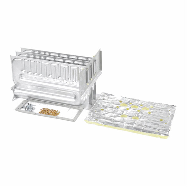 A metallic heat exchanger assembly kit with multiple components, including a large aluminum part, a foil-wrapped piece, screws, and small pellets, all arranged on a white background.
