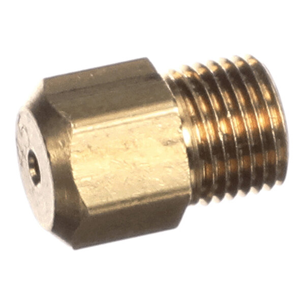 A small brass-colored metal fitting with a hexagonal body and threaded end, featuring a tiny central hole on one face.