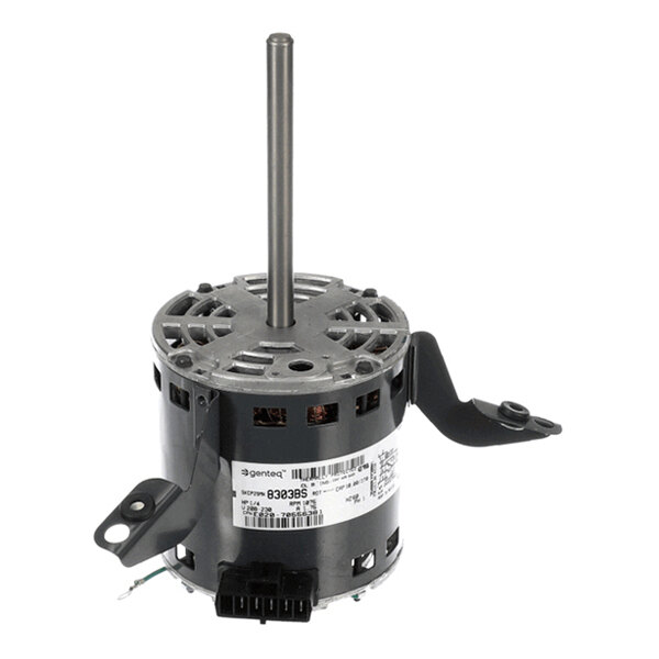 A cylindrical electric motor with a central shaft, mounting brackets, and a label with technical specifications.