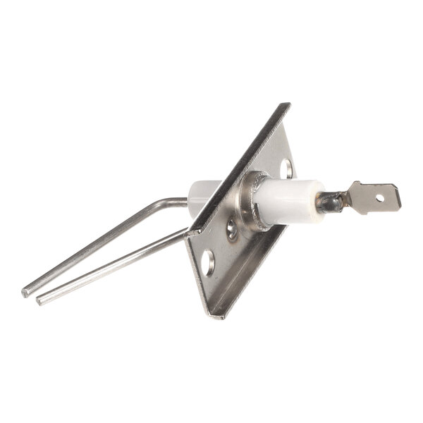 A metal and ceramic component with a dual rod design and mounting plate, likely used as an electrical igniter.