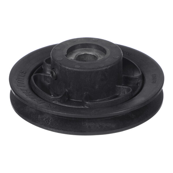 A black, circular mechanical pulley with a central bore and grooved outer edge, designed for use with a belt drive system.