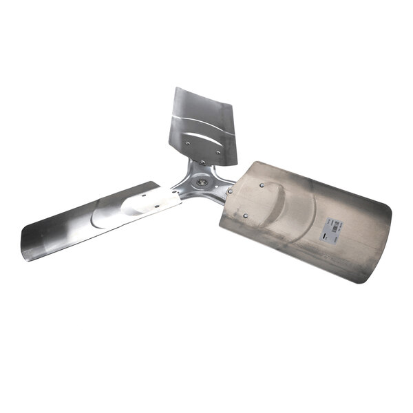 A three-blade metal fan blade assembly with a central mounting hub and a shiny, reflective surface.