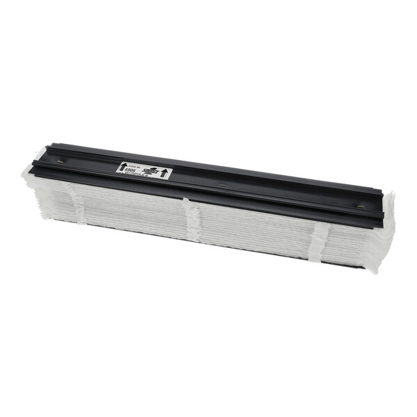 A rectangular air filter with a black frame and white pleated media, viewed from an angle.