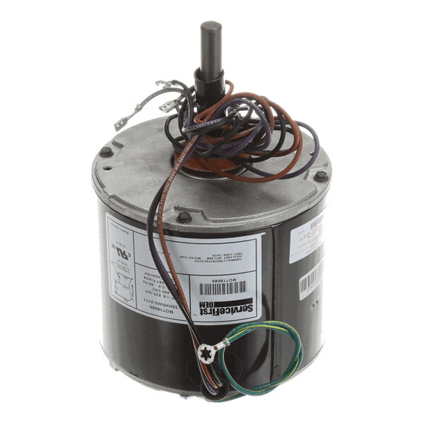 A cylindrical electric motor with a central shaft and several colored wires extending from the top.